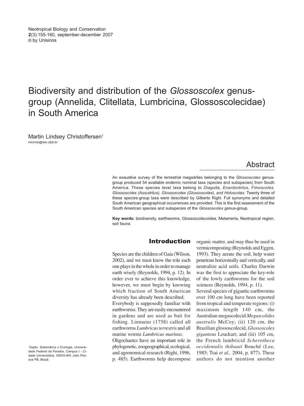 Annelida, Clitellata, Lumbricina, Glossoscolecidae) in South America