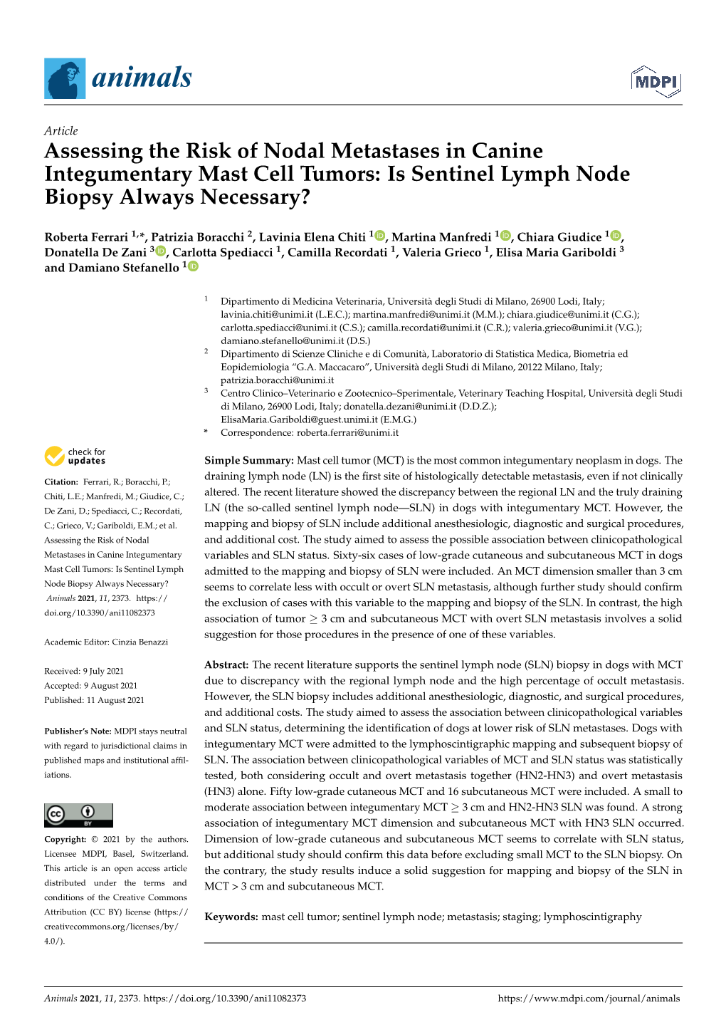 Assessing the Risk of Nodal Metastases in Canine Integumentary Mast Cell Tumors: Is Sentinel Lymph Node Biopsy Always Necessary?