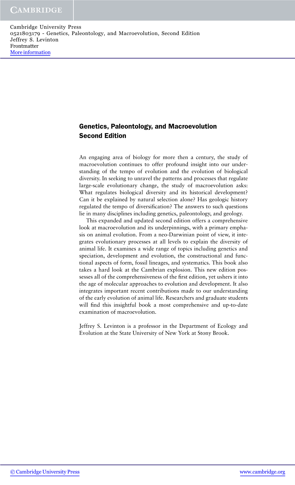 Genetics, Paleontology, and Macroevolution Second Edition