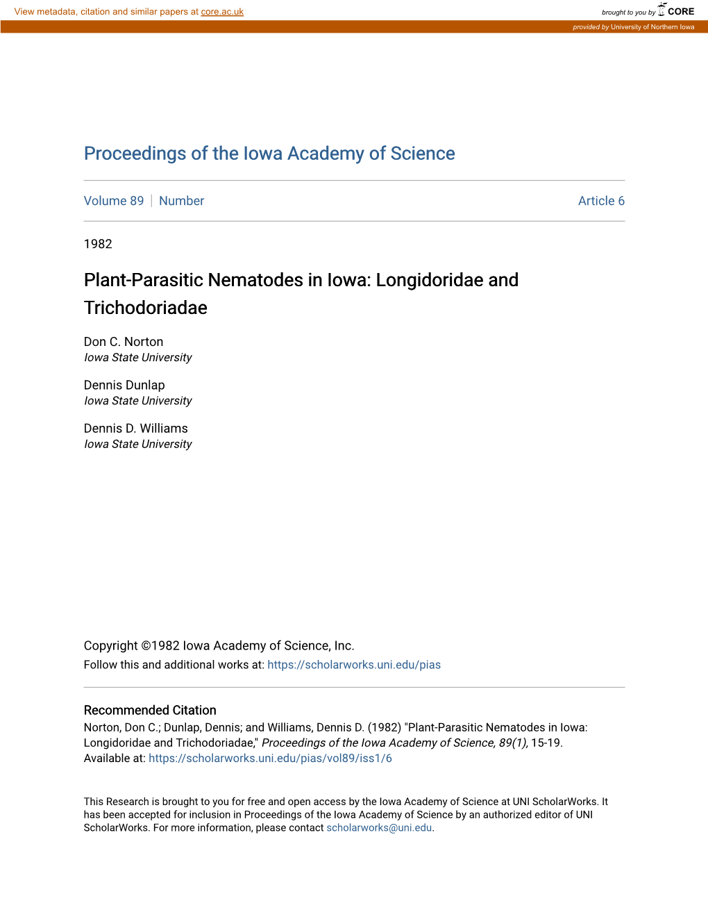 Plant-Parasitic Nematodes in Iowa: Longidoridae and Trichodoriadae