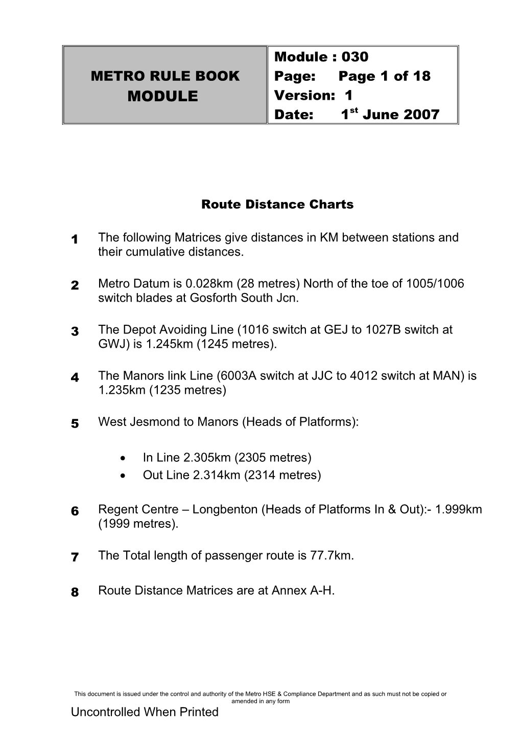 Route Distance Charts