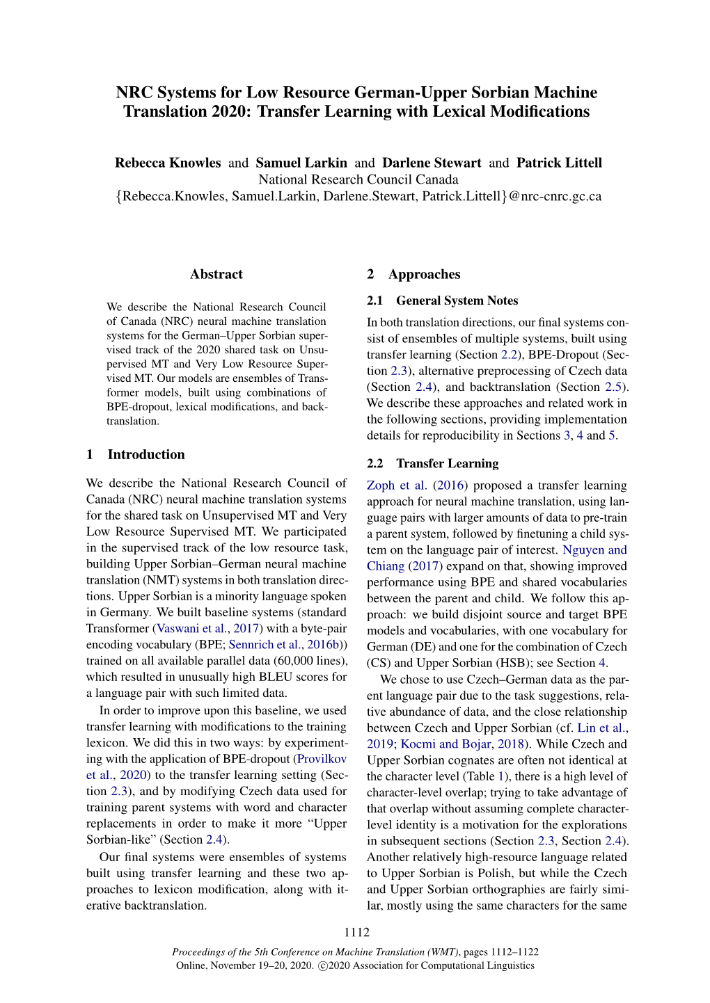 NRC Systems for Low Resource German-Upper Sorbian Machine Translation 2020: Transfer Learning with Lexical Modiﬁcations