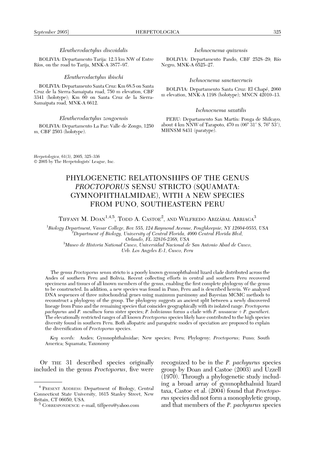 Phylogenetic Relationships of the Genus Proctoporus Sensu Stricto (Squamata: Gymnophthalmidae), with a New Species from Puno, Southeastern Peru