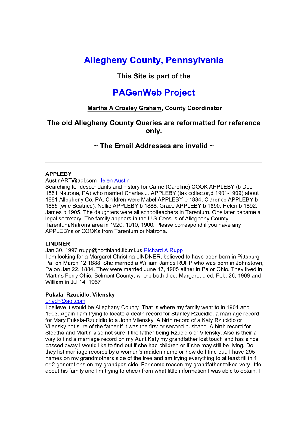 Allegheny County, Pennsylvania Pagenweb Project