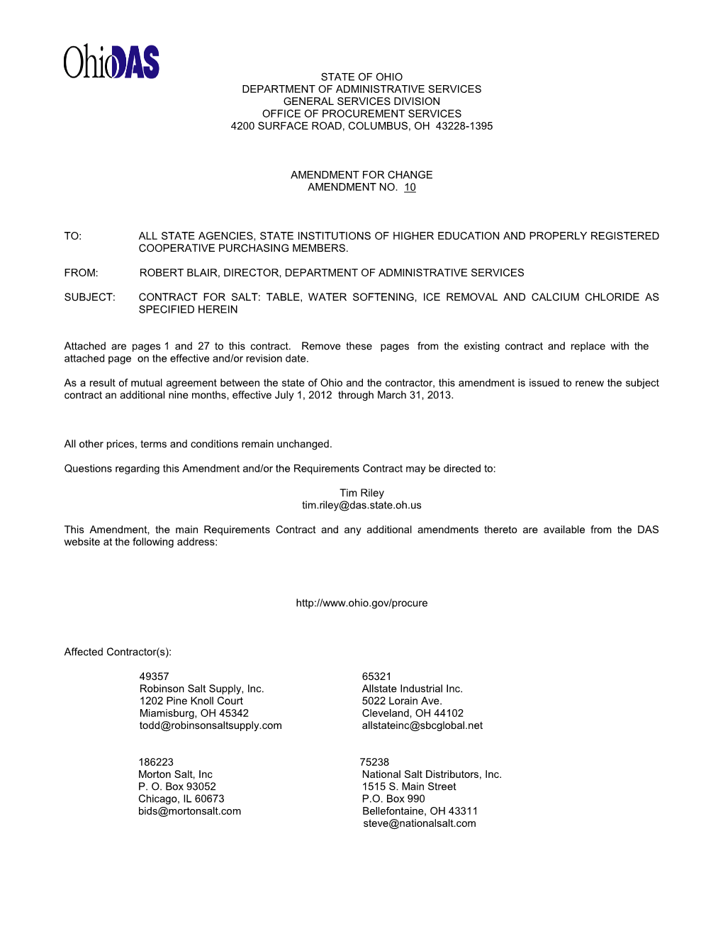 State of Ohio Department of Administrative Services General Services Division Office of Procurement Services 4200 Surface Road, Columbus, Oh 43228-1395