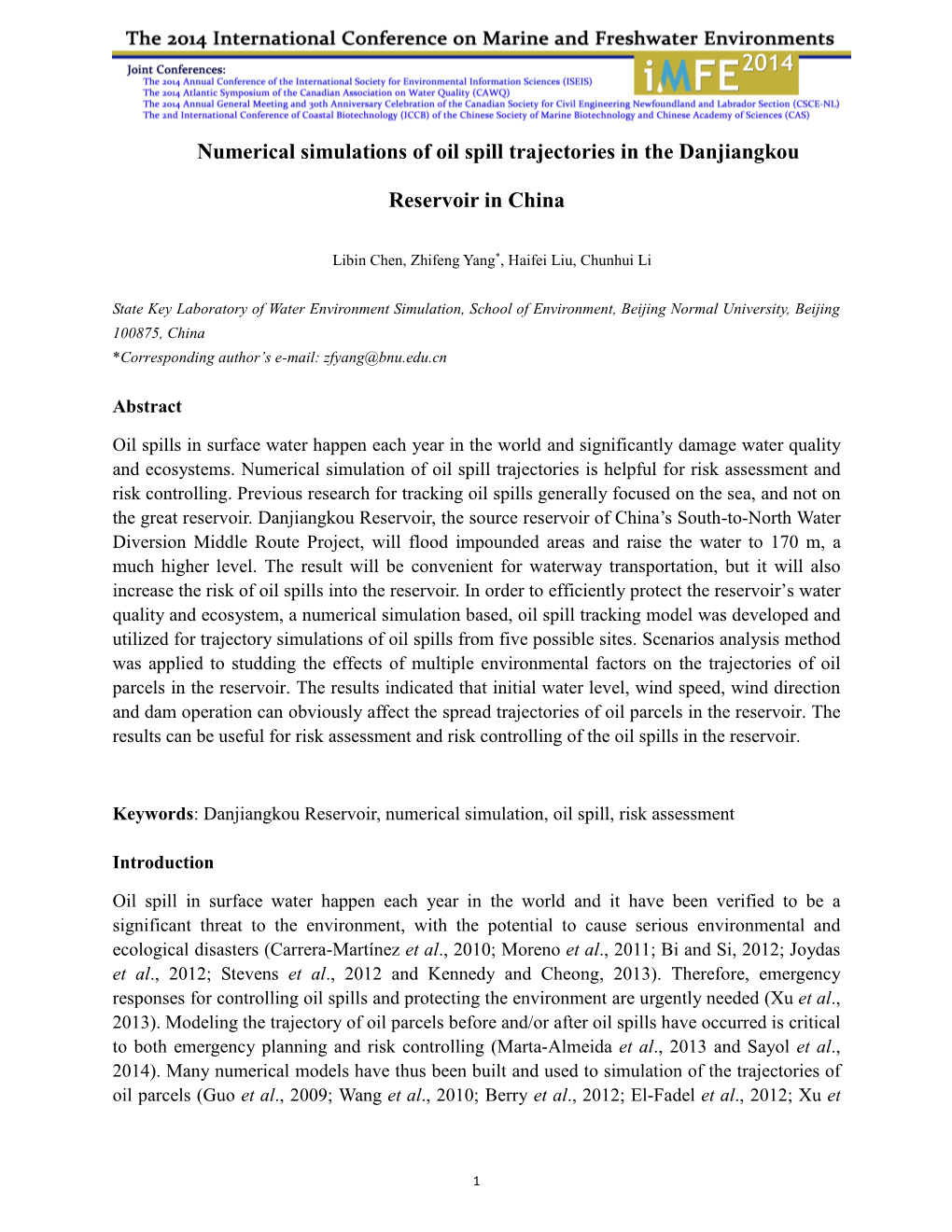 Numerical Simulations of Oil Spill Trajectories in the Danjiangkou