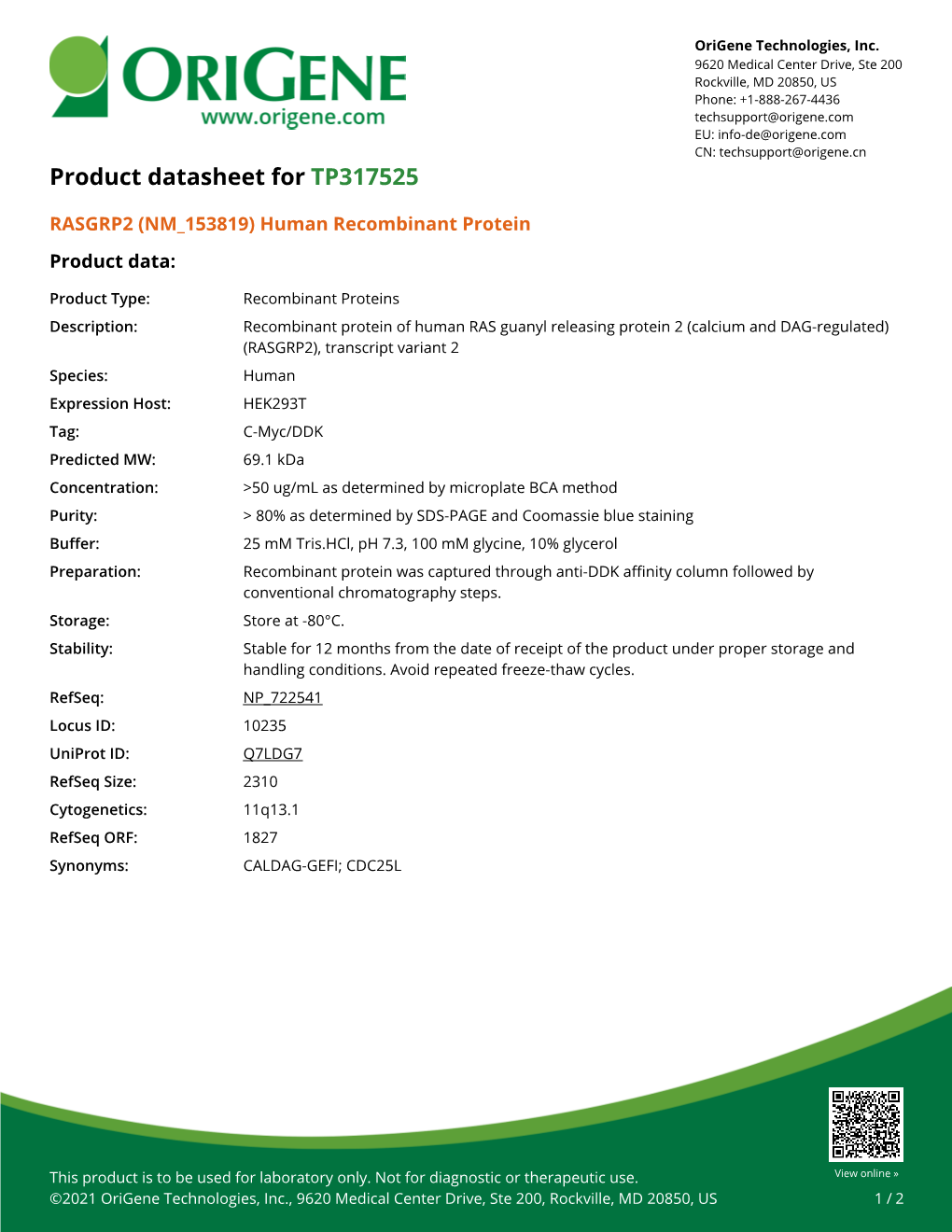 RASGRP2 (NM 153819) Human Recombinant Protein Product Data
