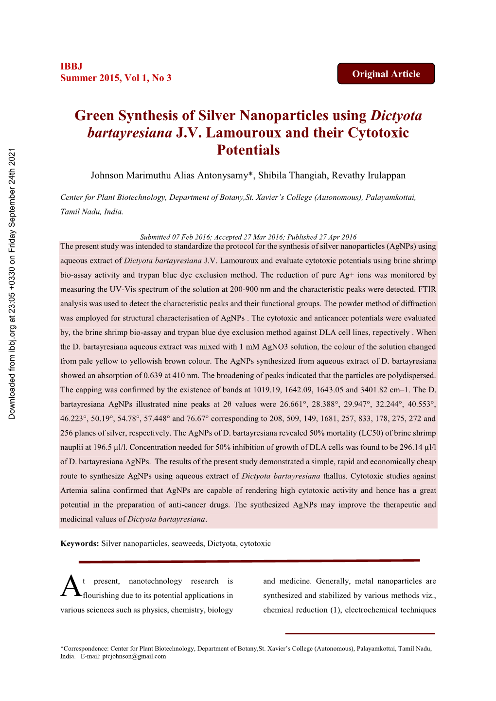 Green Synthesis of Silver Nanoparticles Using Dictyota Bartayresiana J.V