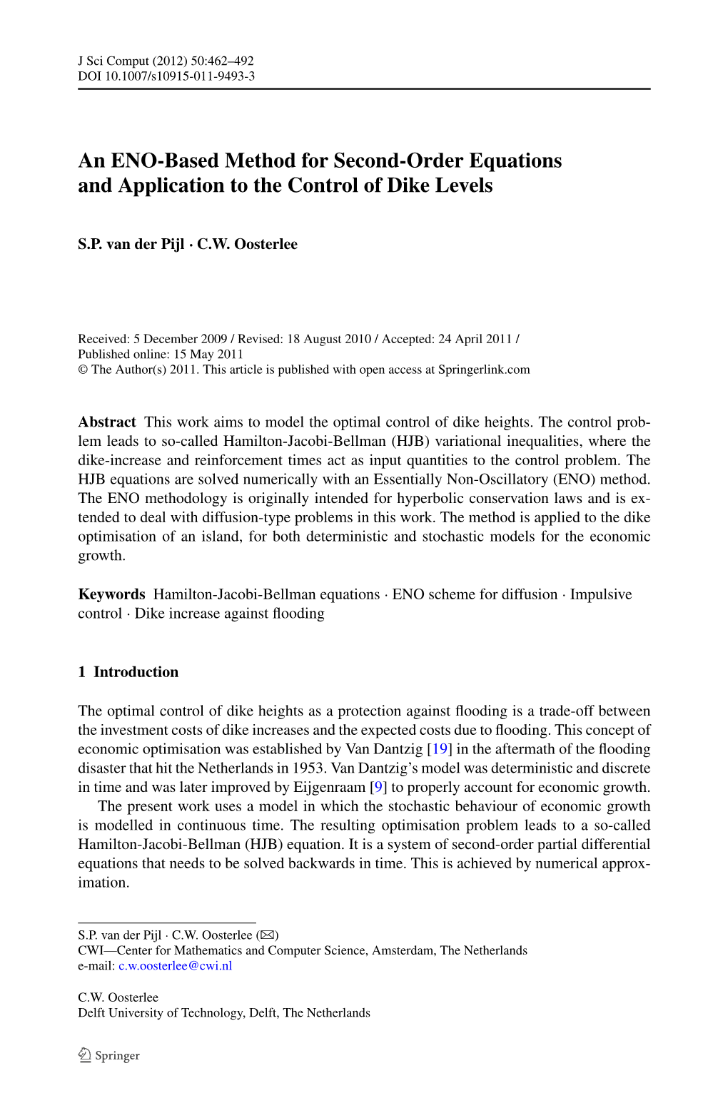 An ENO-Based Method for Second-Order Equations and Application to the Control of Dike Levels