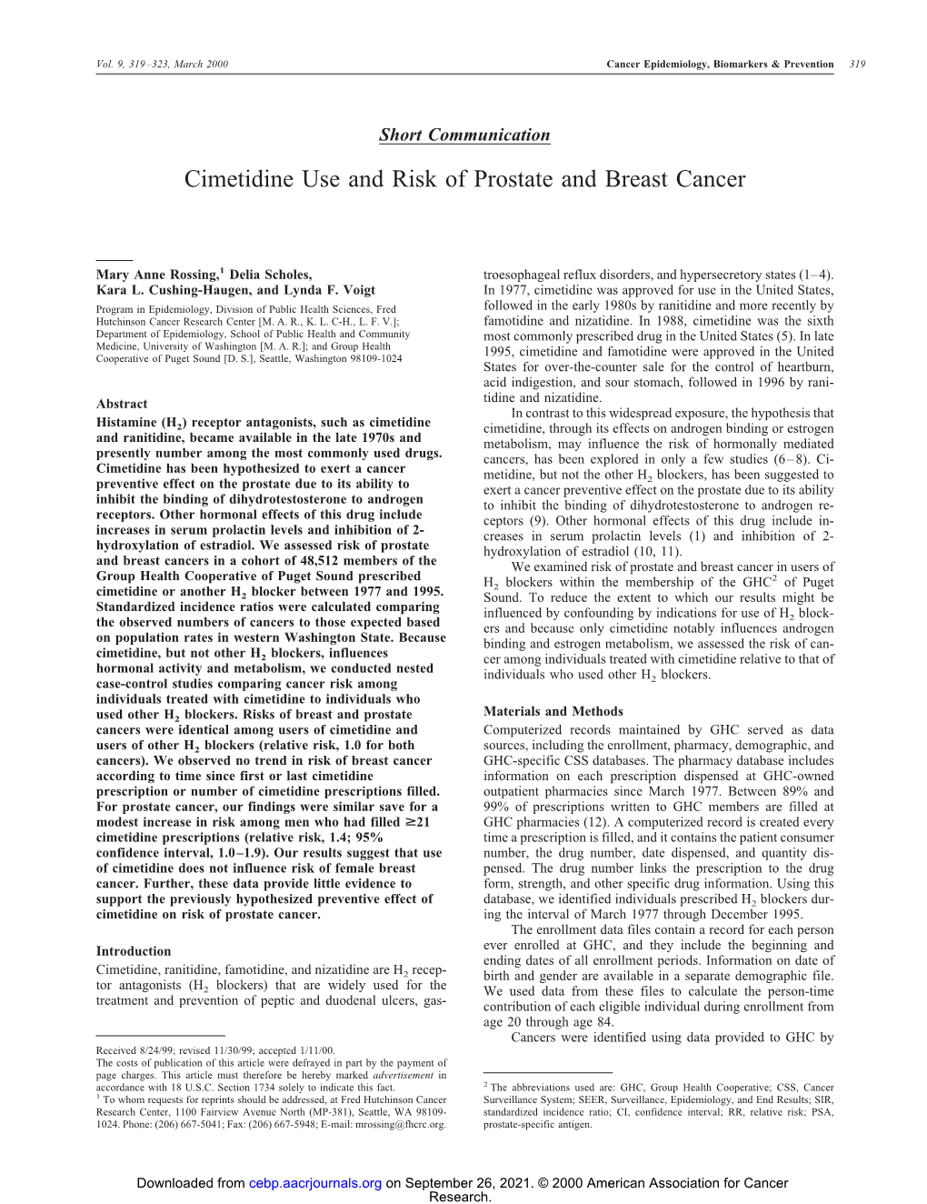 Cimetidine Use and Risk of Prostate and Breast Cancer