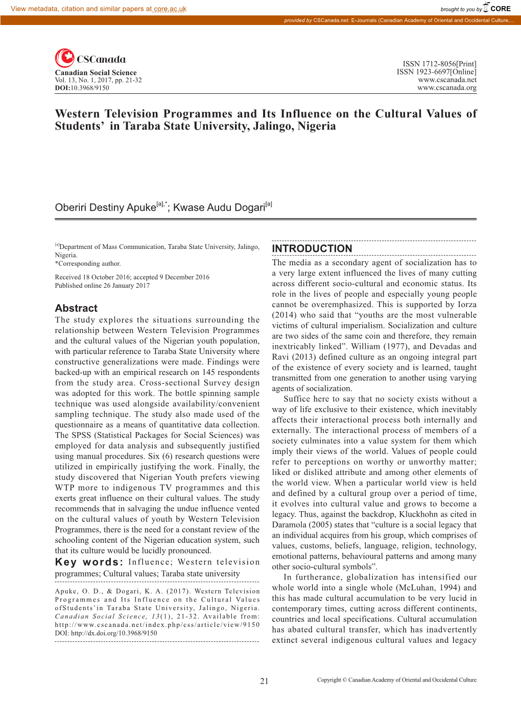 Western Television Programmes and Its Influence on the Cultural Values of Students’ in Taraba State University, Jalingo, Nigeria
