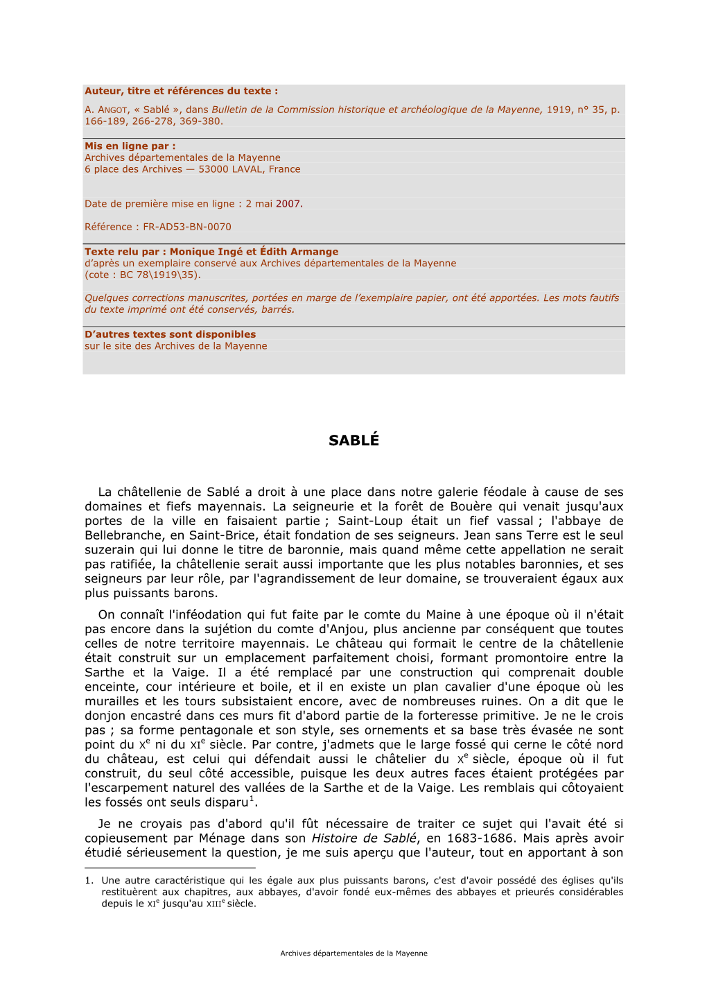 Sablé », Dans Bulletin De La Commission Historique Et Archéologique De La Mayenne, 1919, N° 35, P