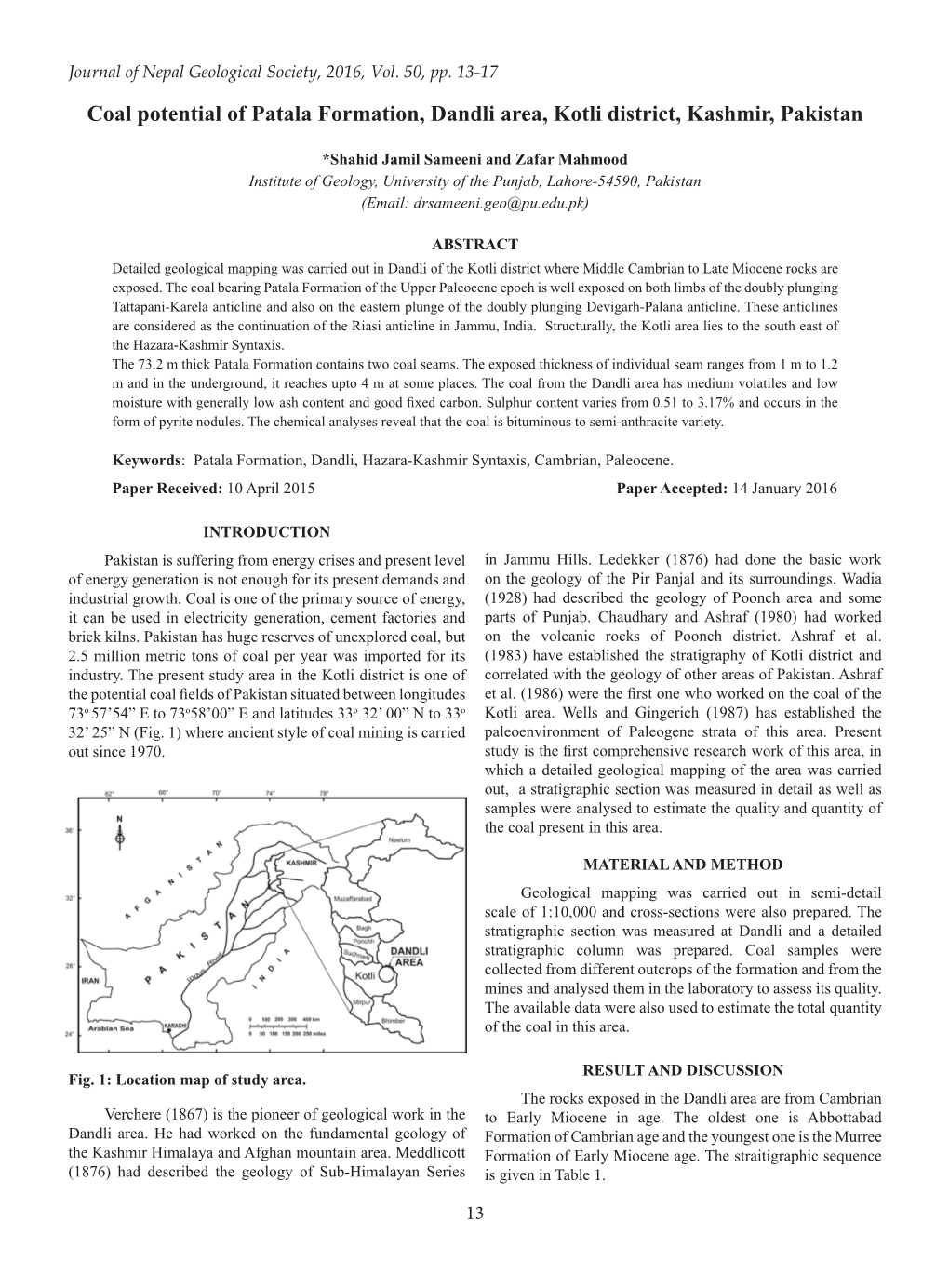 Coal Potential of Patala Formation, Dandli Area, Kotli District, Kashmir, Pakistan