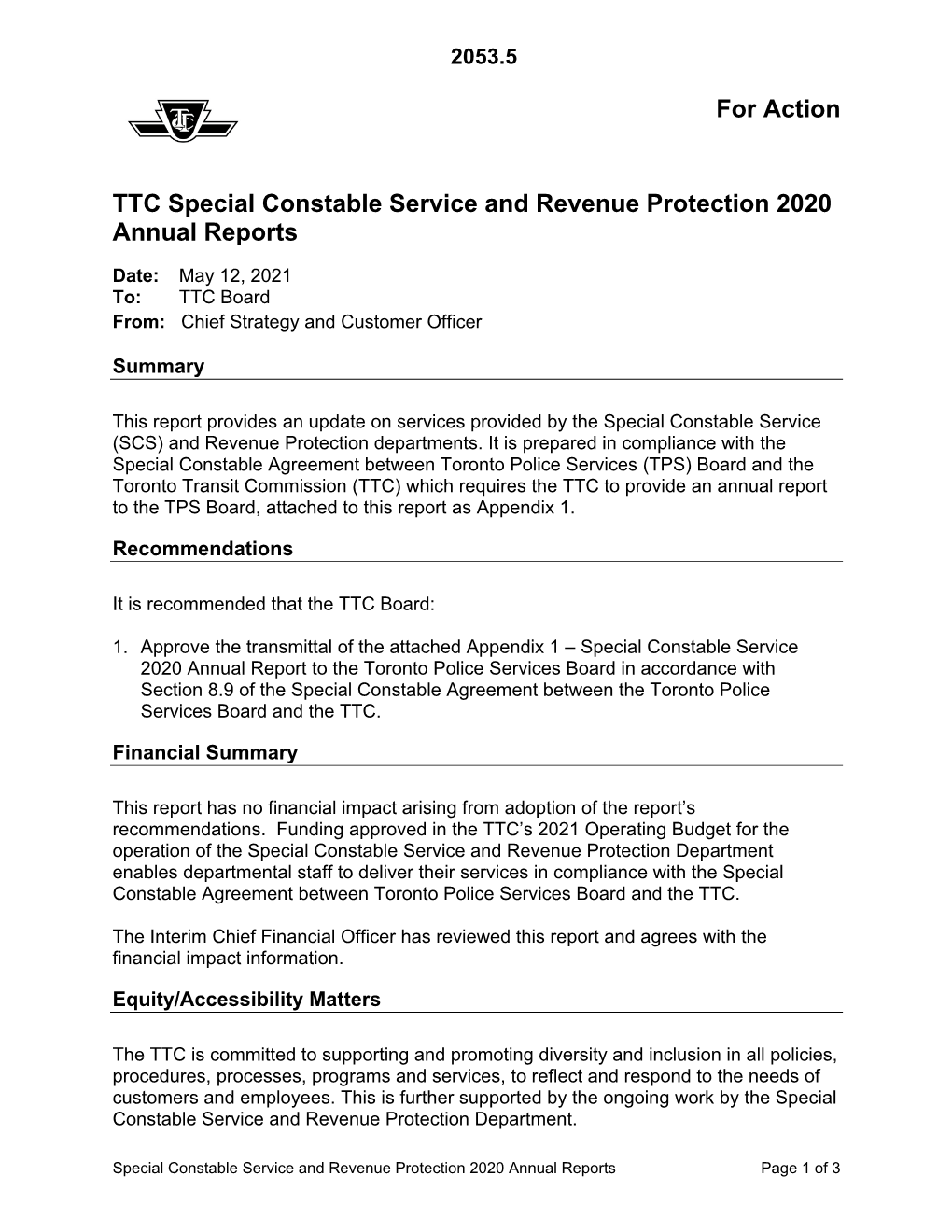 TTC Special Constable Service and Revenue Protection 2020 Annual Reports