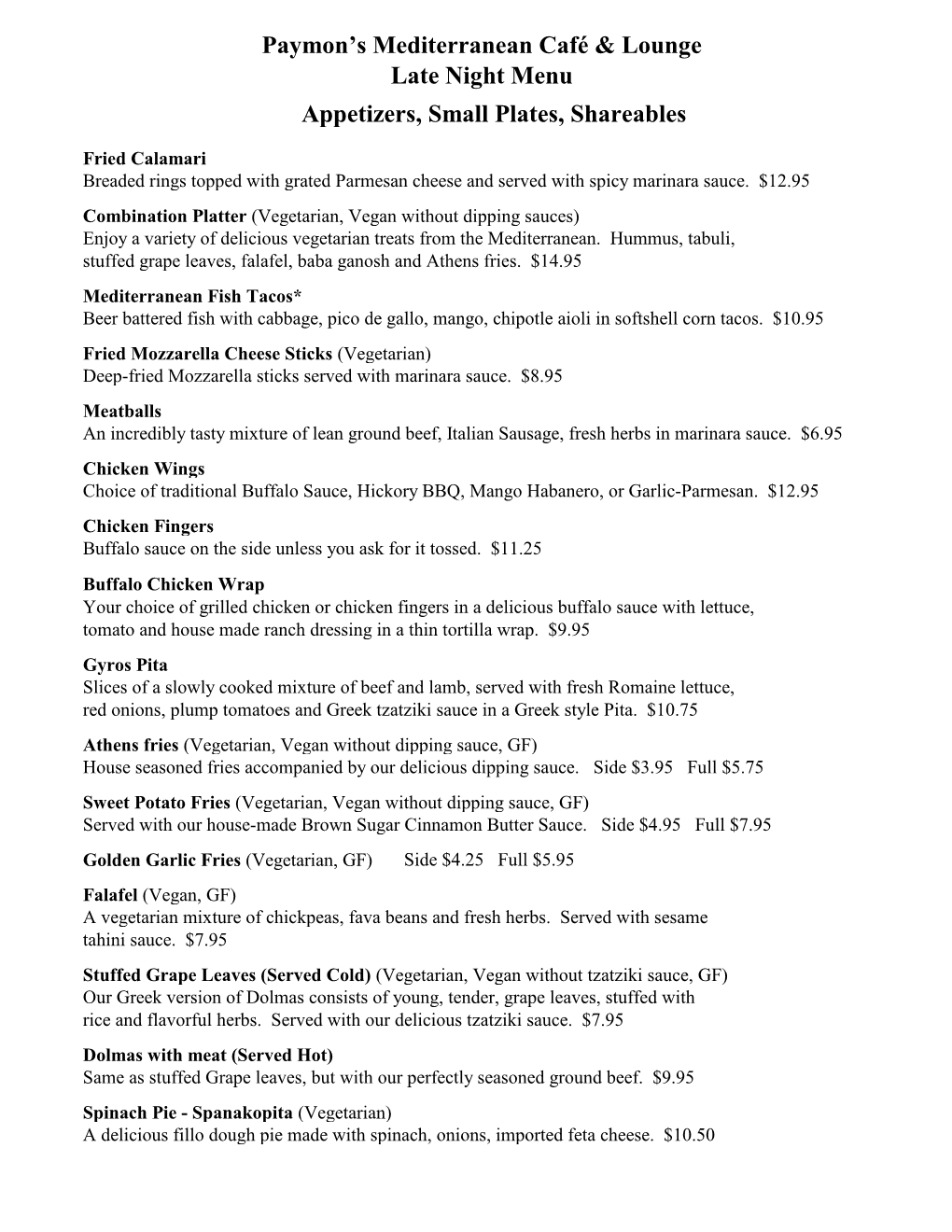 Paymon's Mediterranean Café & Lounge Late Night Menu