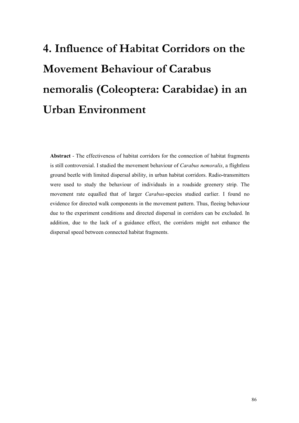4. Influence of Habitat Corridors on the Movement Behaviour of Carabus Nemoralis (Coleoptera: Carabidae) in an Urban Environment