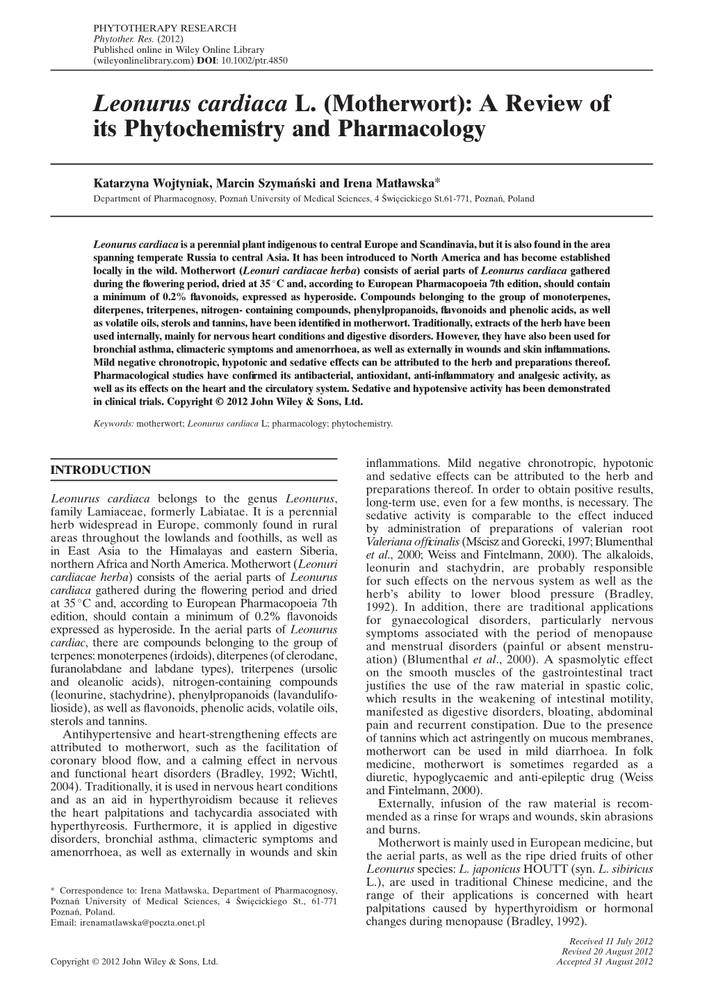 Leonurus Cardiaca L. (Motherwort): a Review of Its Phytochemistry and Pharmacology