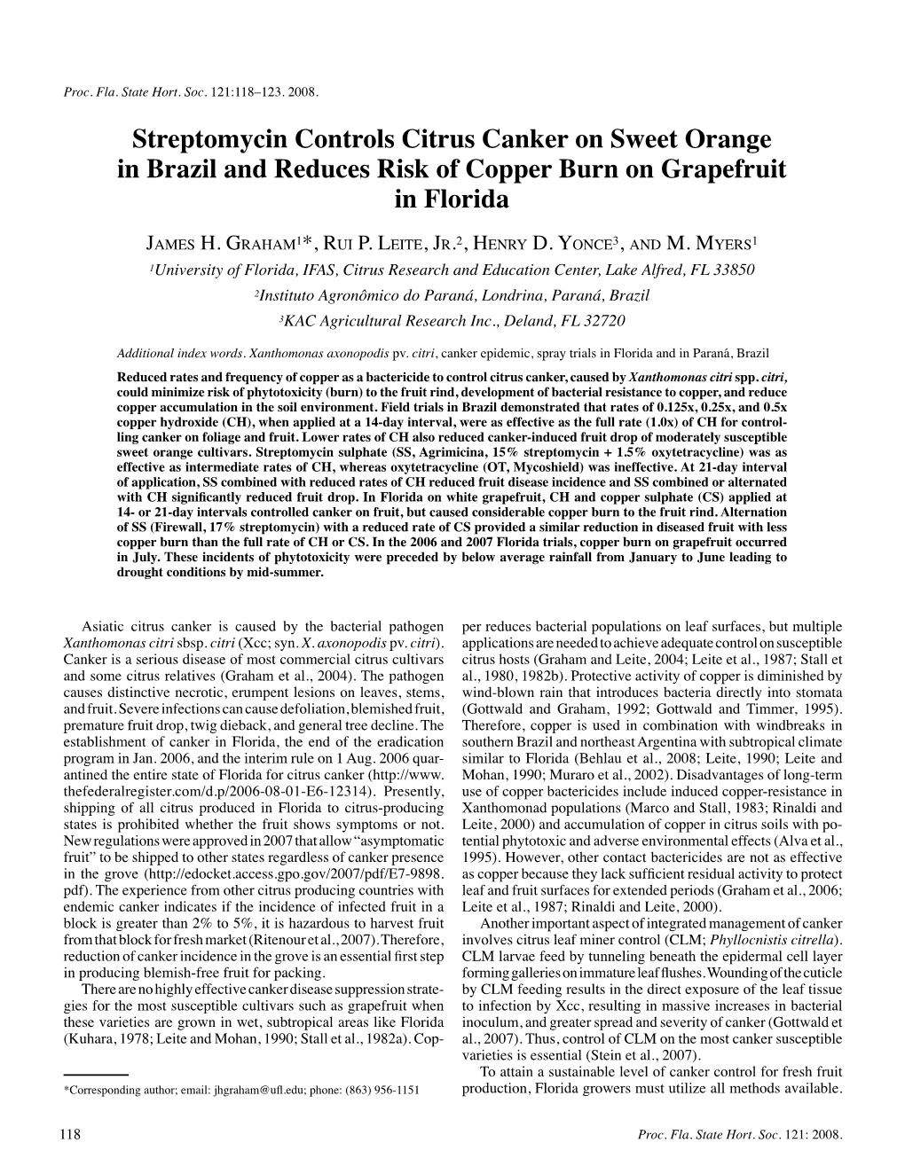 Streptomycin Controls Citrus Canker on Sweet Orange in Brazil and Reduces Risk of Copper Burn on Grapefruit in Florida