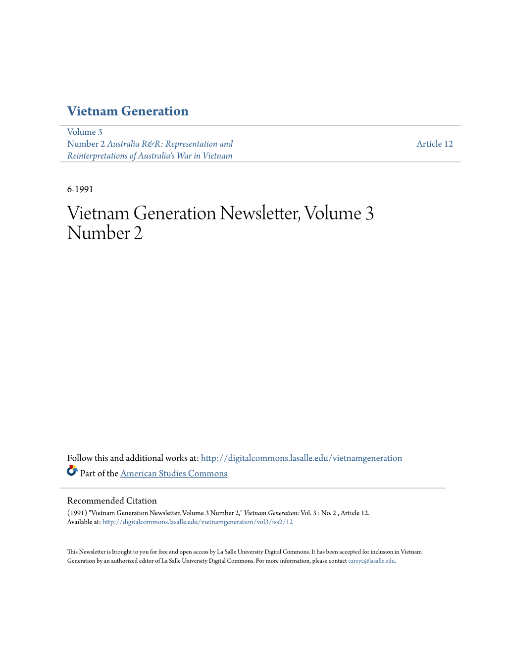 Vietnam Generation Newsletter, Volume 3 Number 2