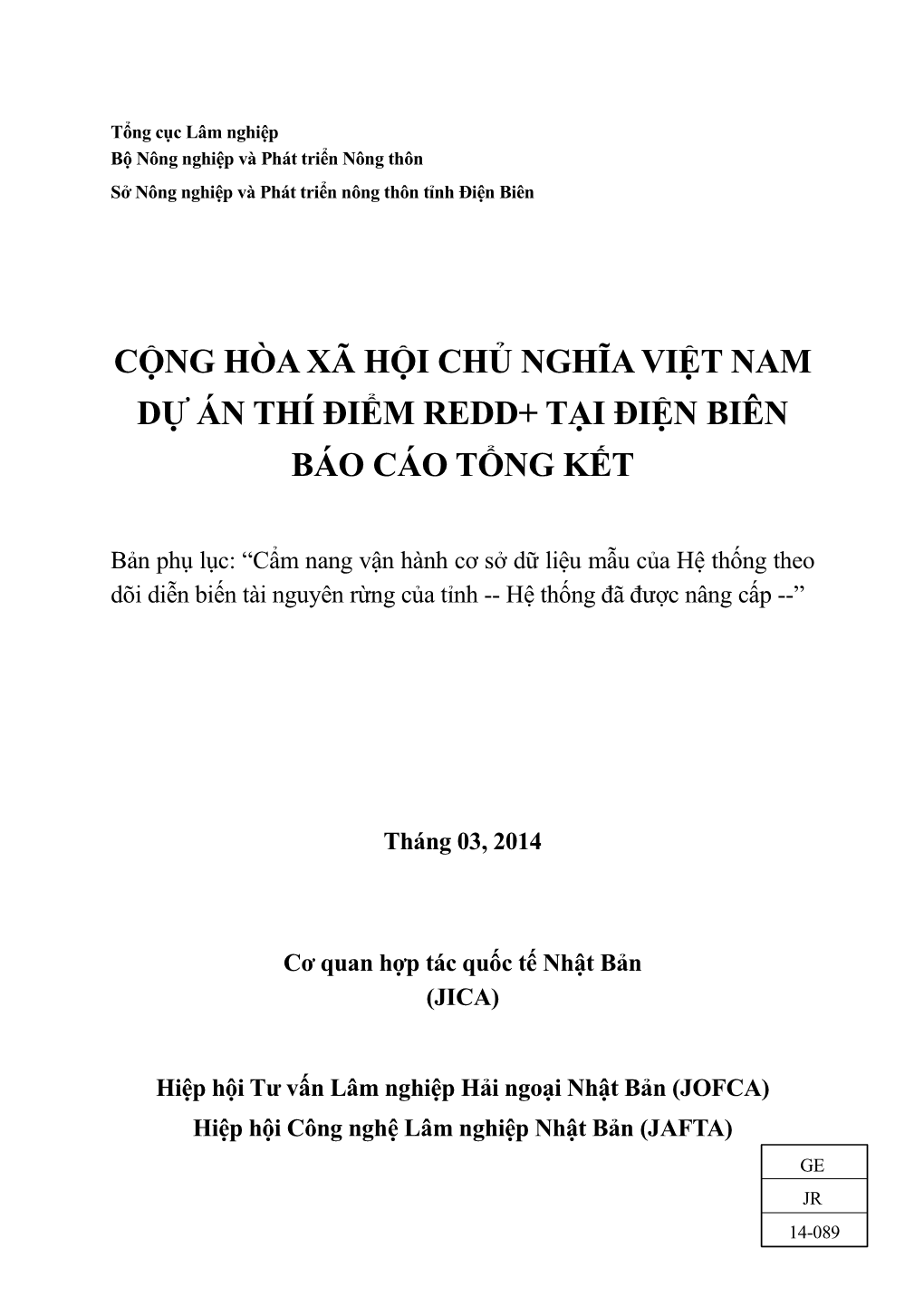 Cộng Hòa Xã Hội Chủ Nghĩa Việt Nam Dự Án Thí Điểm Redd+ Tại Điện Biên Báo Cáo Tổng Kết