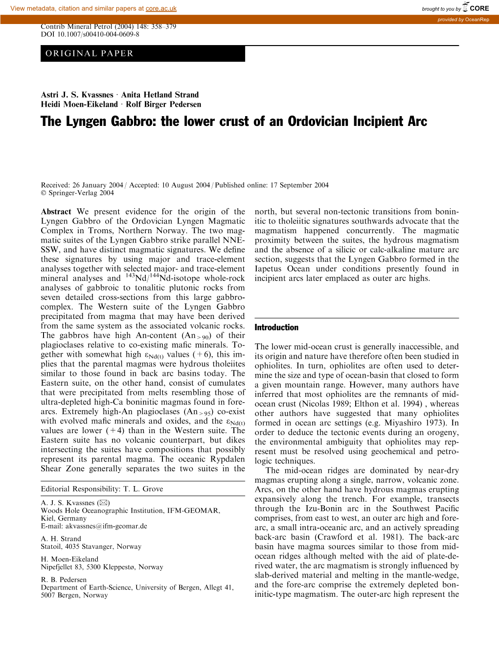 The Lyngen Gabbro: the Lower Crust of an Ordovician Incipient Arc