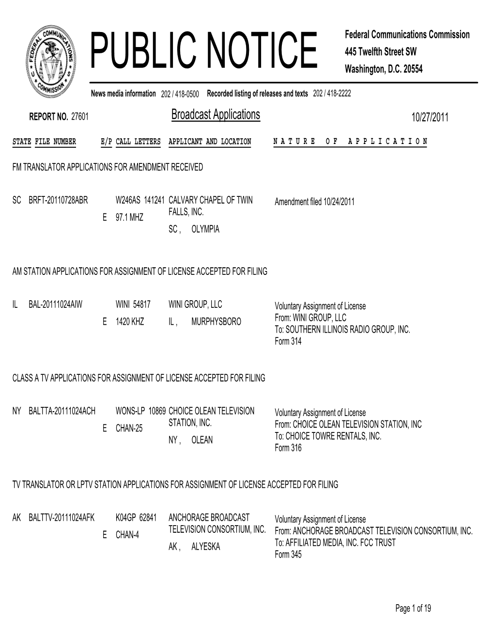 Broadcast Applications 10/27/2011