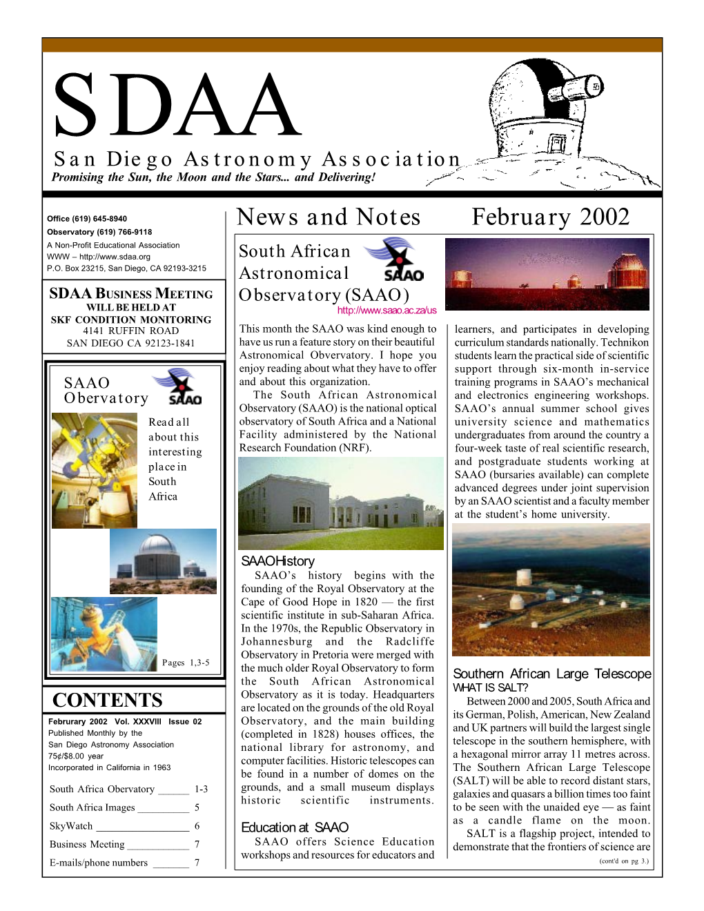 News and Notes February 2002 Observatory (619) 766-9118 a Non-Profit Educational Association WWW – South African P.O