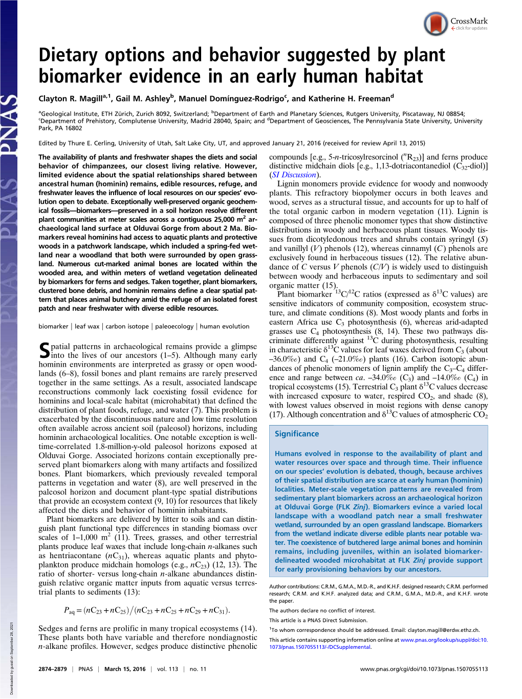 Dietary Options and Behavior Suggested by Plant Biomarker Evidence in an Early Human Habitat