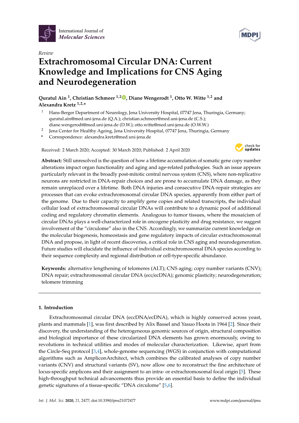 Extrachromosomal Circular DNA: Current Knowledge and Implications for CNS Aging and Neurodegeneration