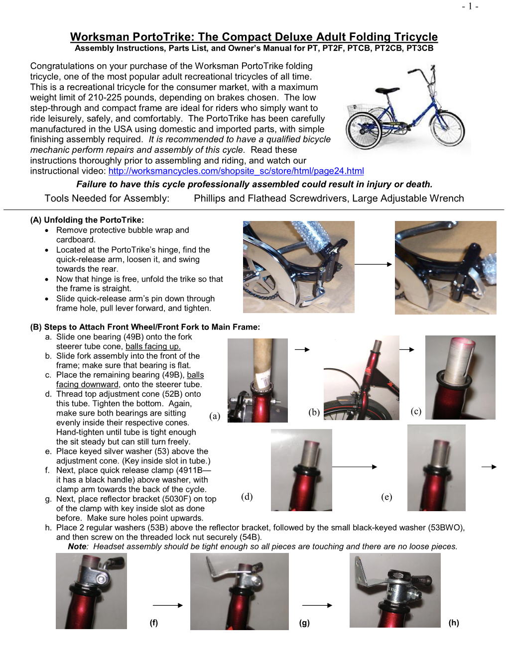 Worksman Portotrike: the Compact Deluxe Adult Folding Tricycle Assembly Instructions, Parts List, and Owner’S Manual for PT, PT2F, PTCB, PT2CB, PT3CB