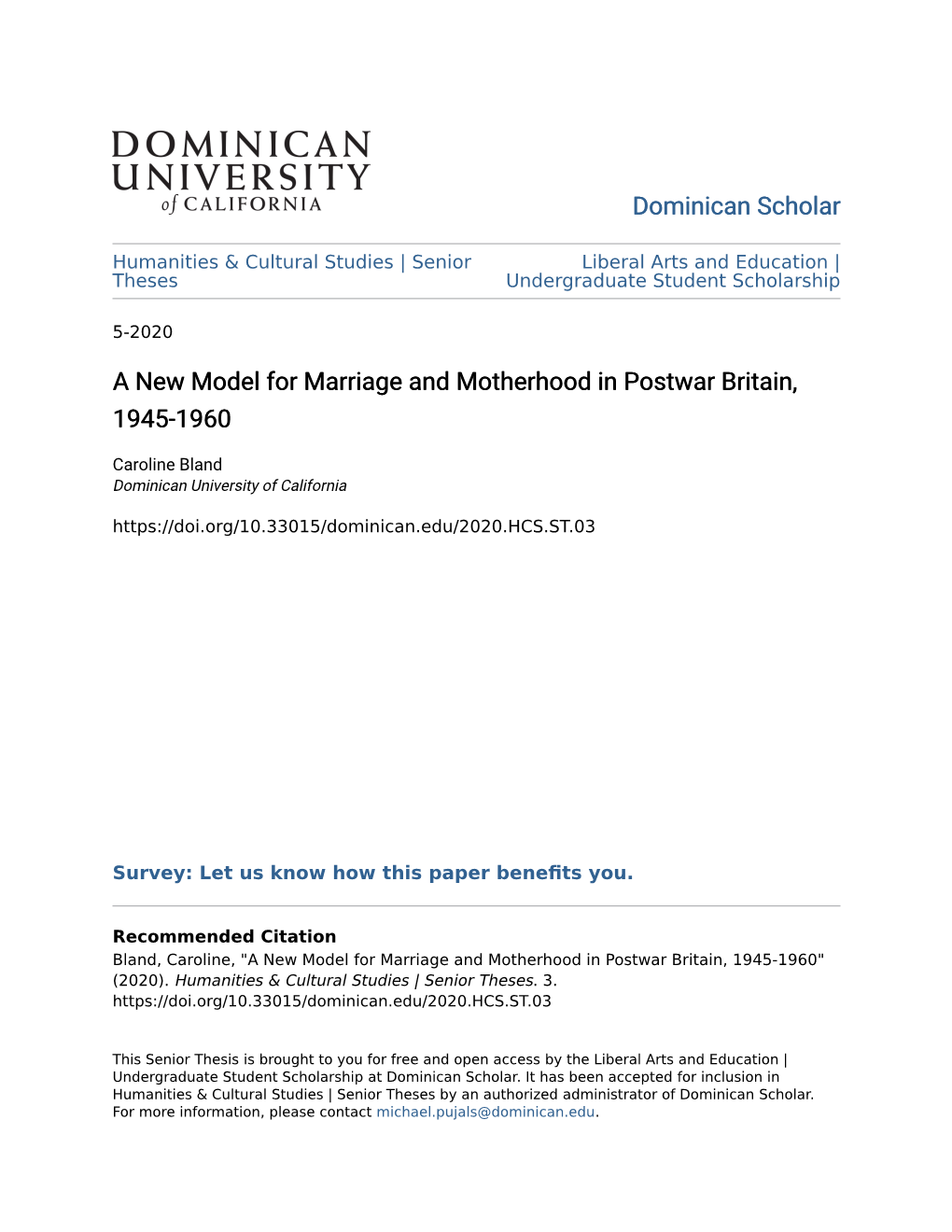 A New Model for Marriage and Motherhood in Postwar Britain, 1945-1960