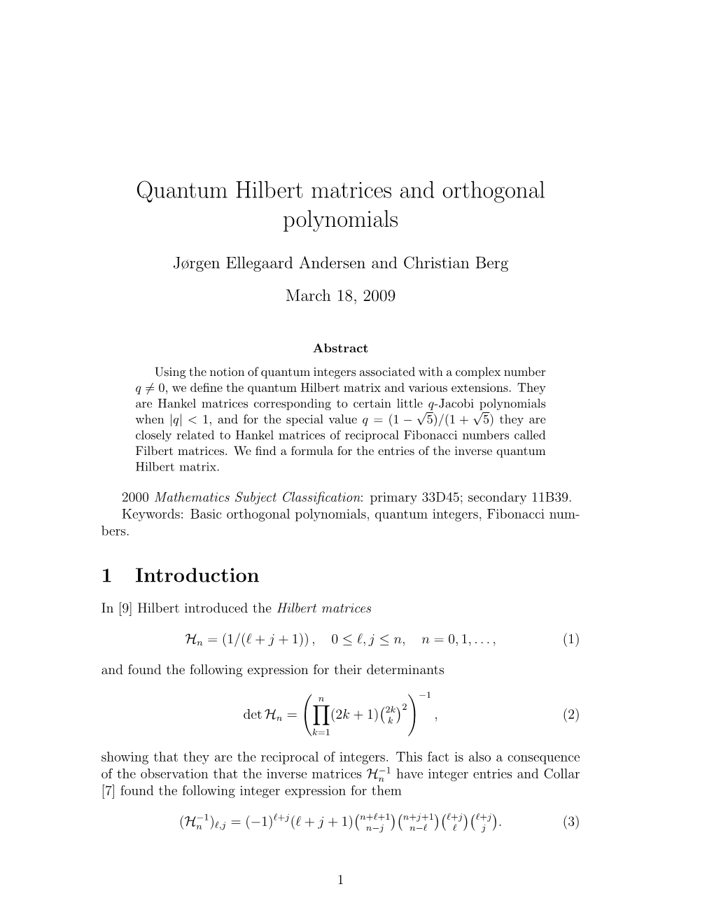 Quantum Hilbert Matrices and Orthogonal Polynomials