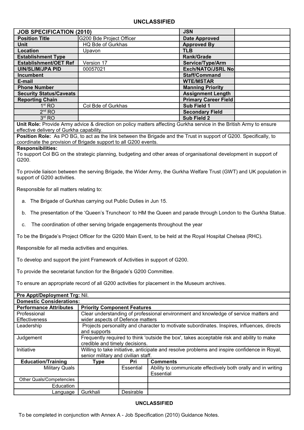 To Be Completed in Conjunction with Annex a - Job Specification (2010) Guidance Notes