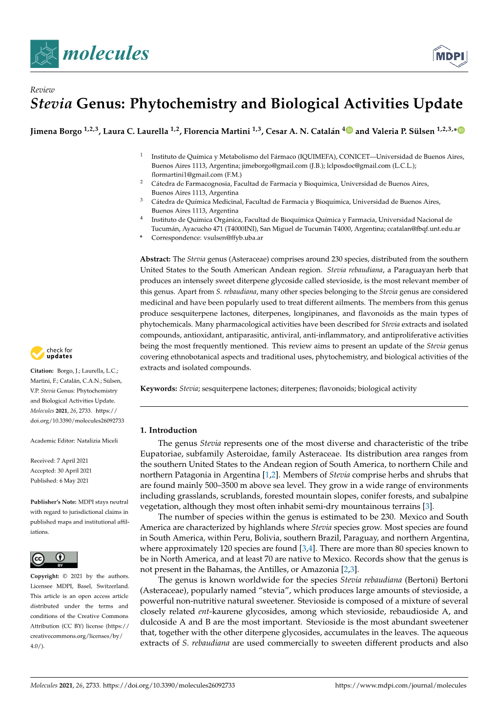 Stevia Genus: Phytochemistry and Biological Activities Update