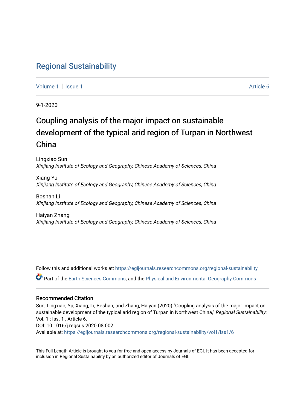 Coupling Analysis of the Major Impact on Sustainable Development of the Typical Arid Region of Turpan in Northwest China