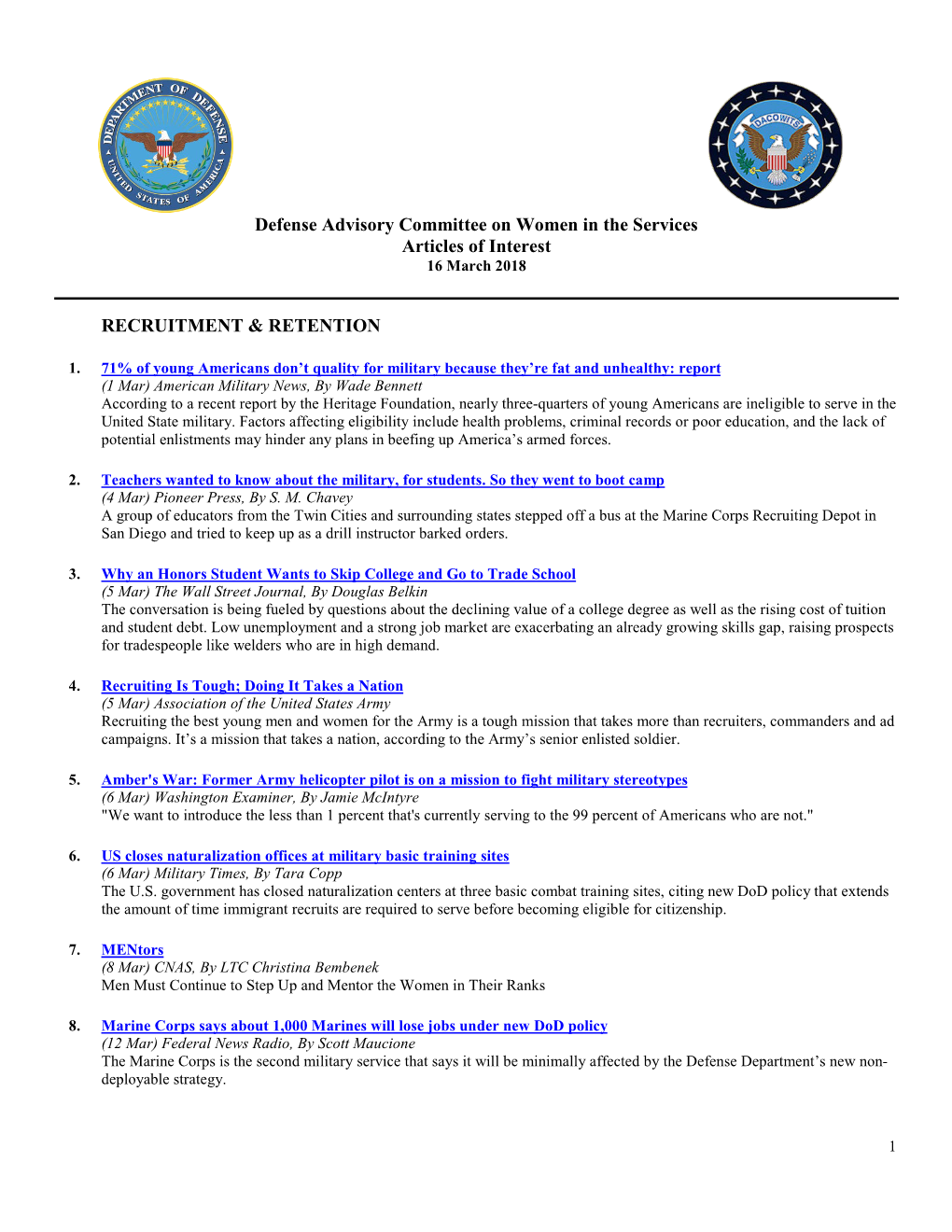 Defense Advisory Committee on Women in the Services Articles of Interest RECRUITMENT & RETENTION