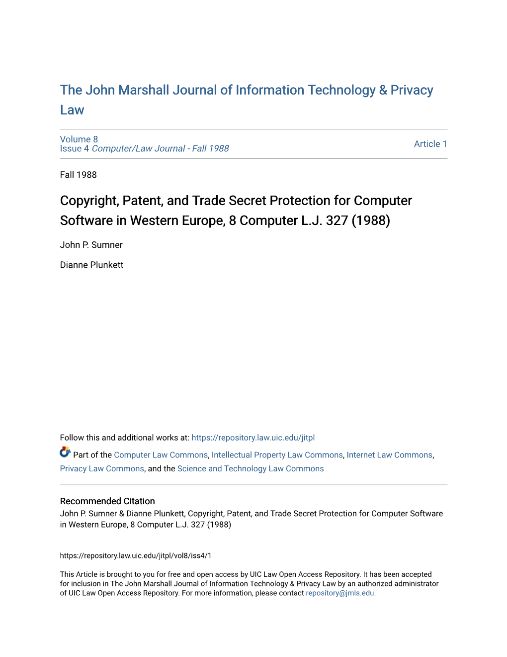 Copyright, Patent, and Trade Secret Protection for Computer Software in Western Europe, 8 Computer L.J