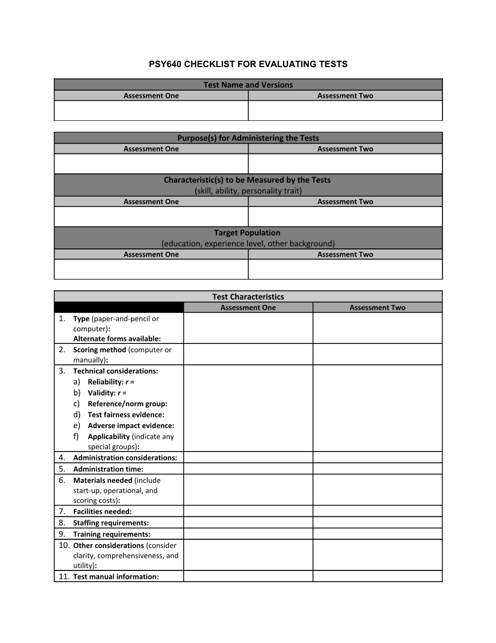 Psy640 Checklist for Evaluating Tests