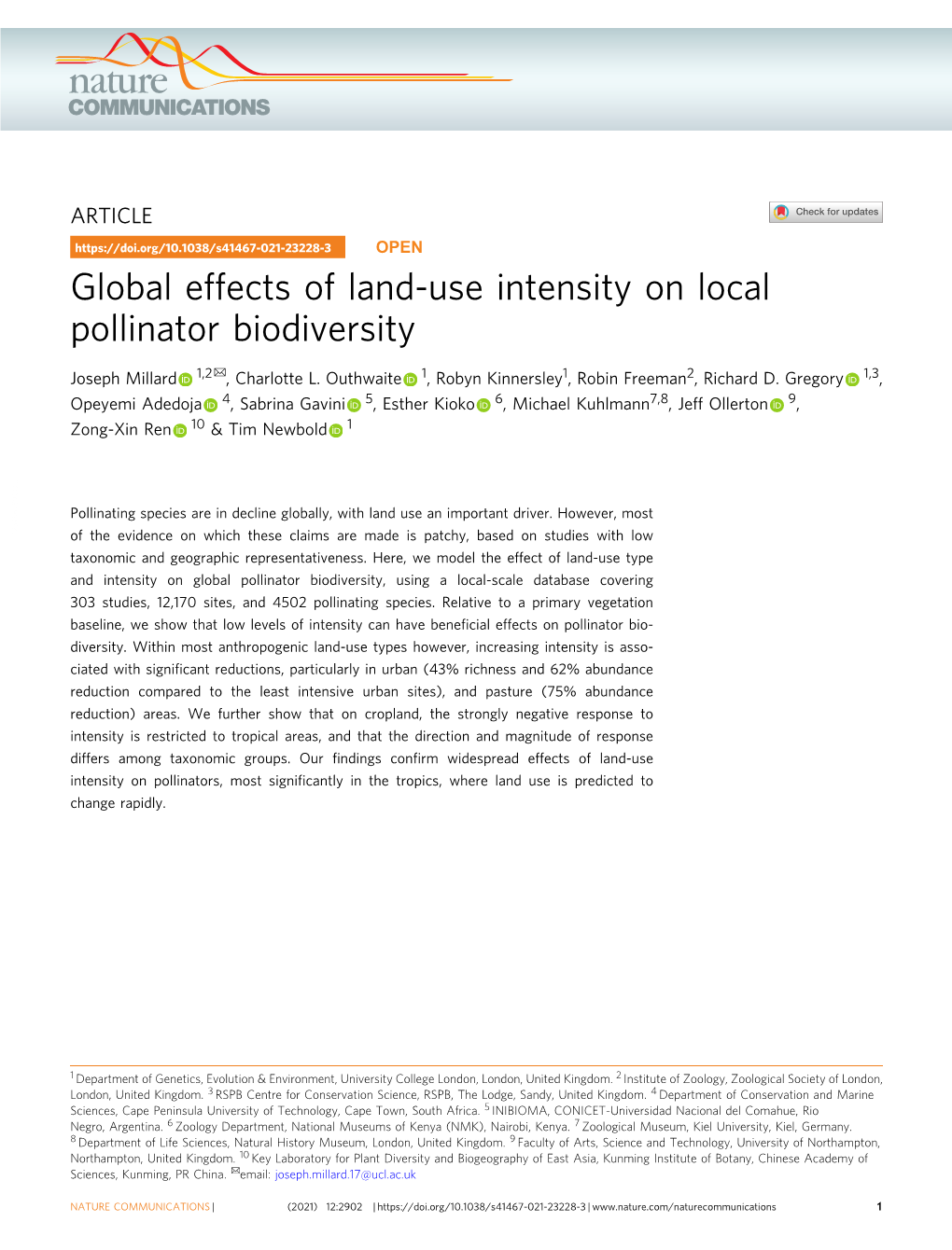 Global Effects of Land-Use Intensity on Local Pollinator Biodiversity ✉ Joseph Millard 1,2 , Charlotte L