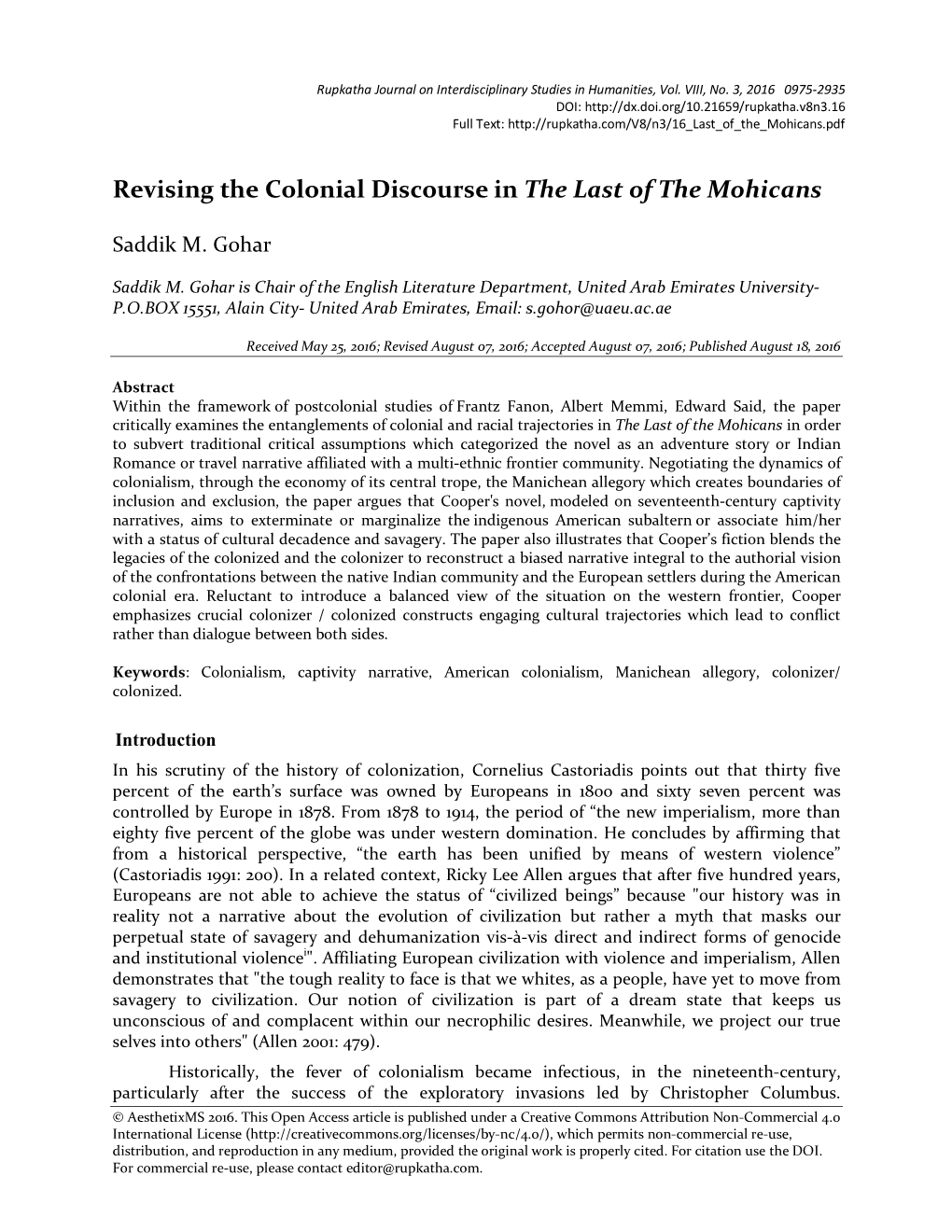 Revising the Colonial Discourse in the Last of the Mohicans