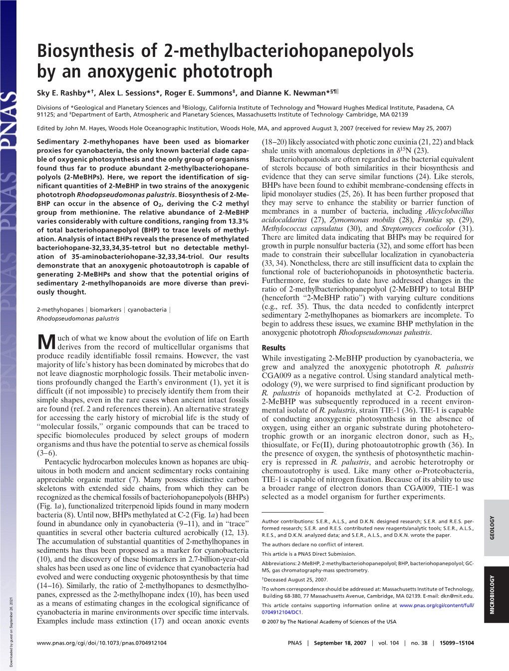 Biosynthesis of 2-Methylbacteriohopanepolyols by an Anoxygenic Phototroph