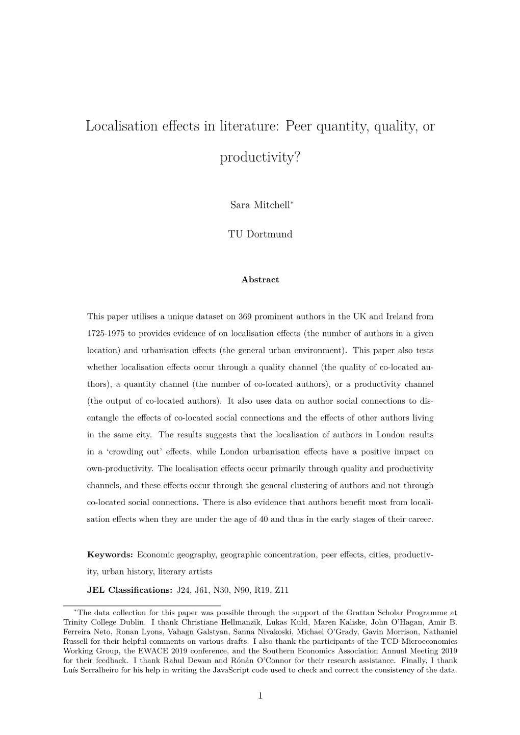 Localisation Effects in Literature: Peer Quantity, Quality, Or Productivity?