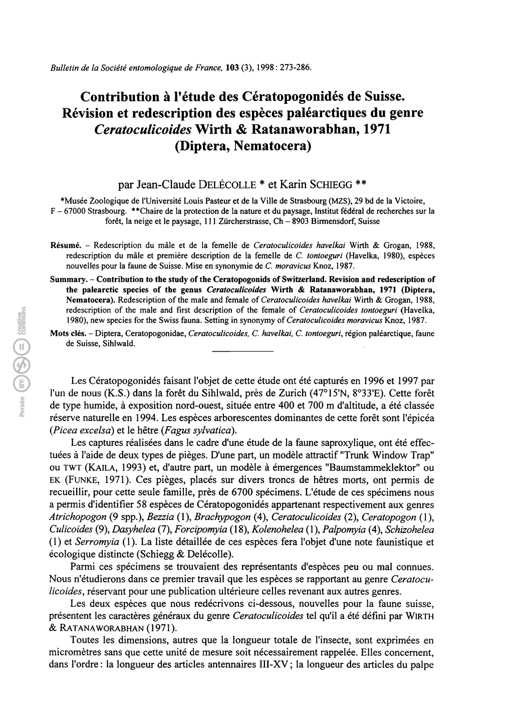 Bulletin De La Société Entomologique De France, 103 (3), 1998 : 273-286