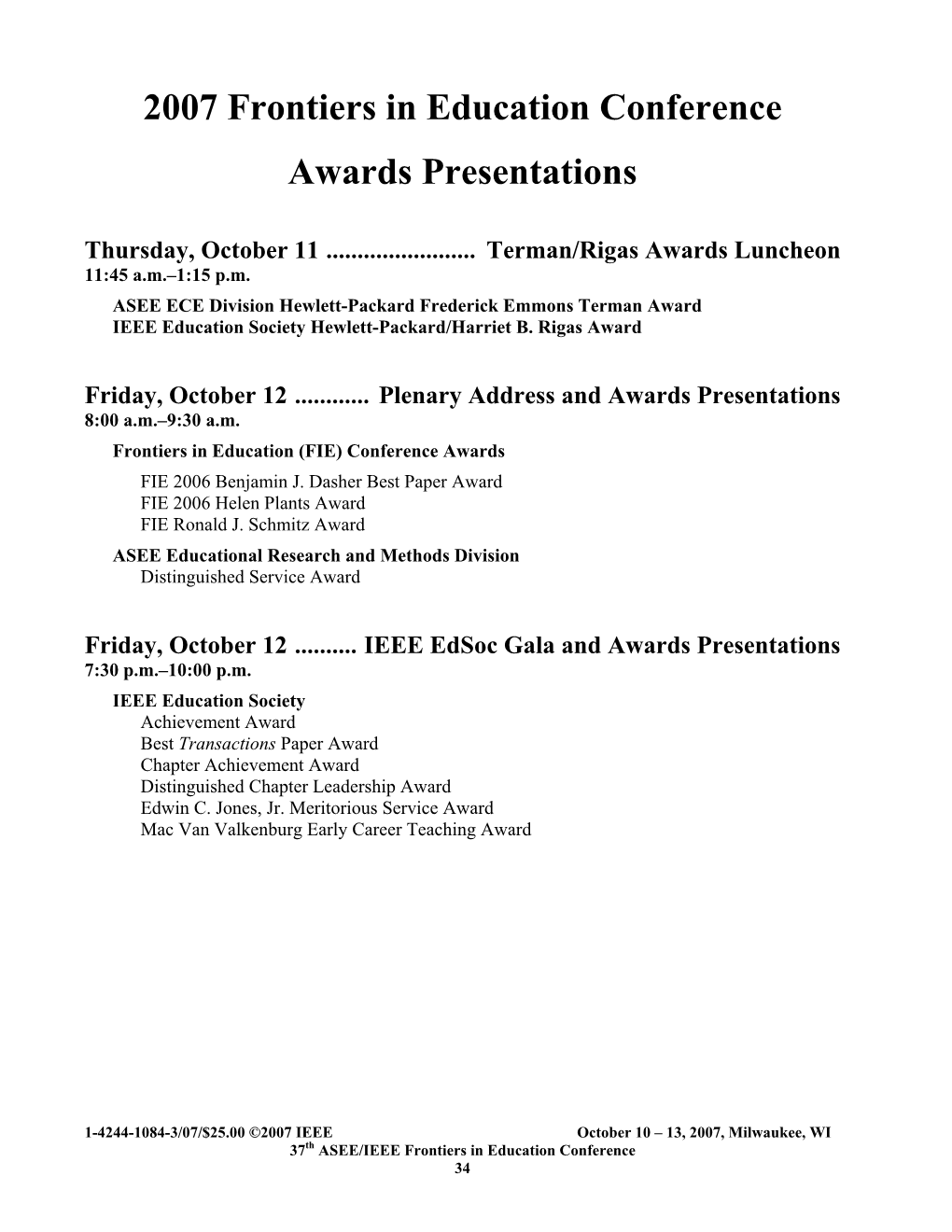 2007 Frontiers in Education Conference Awards Presentations