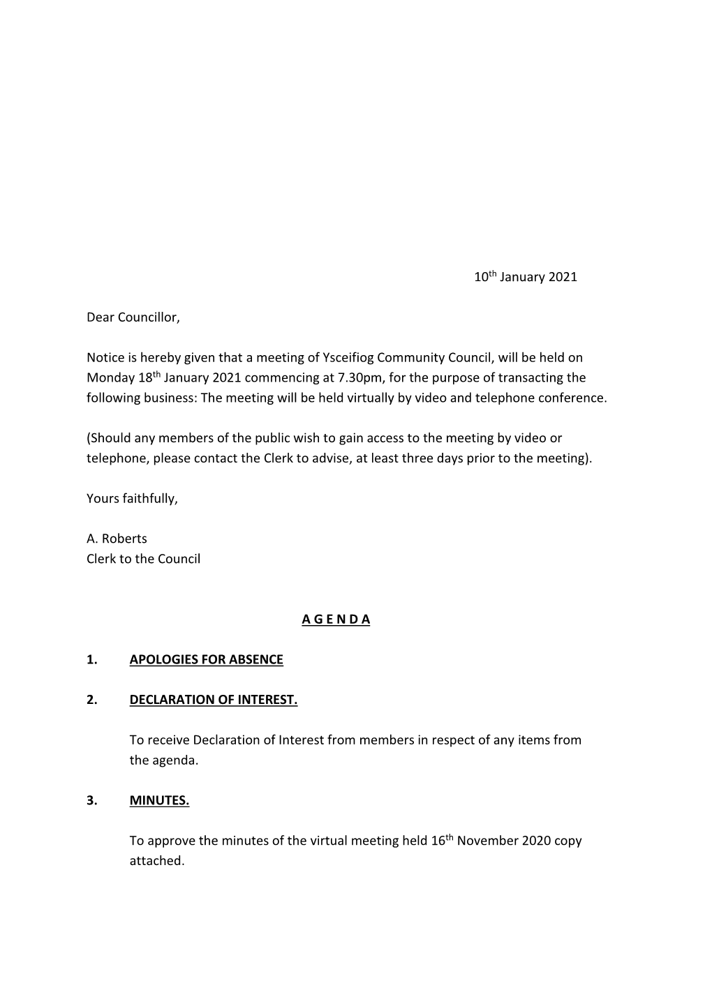10Th January 2021 Dear Councillor, Notice Is Hereby Given That A