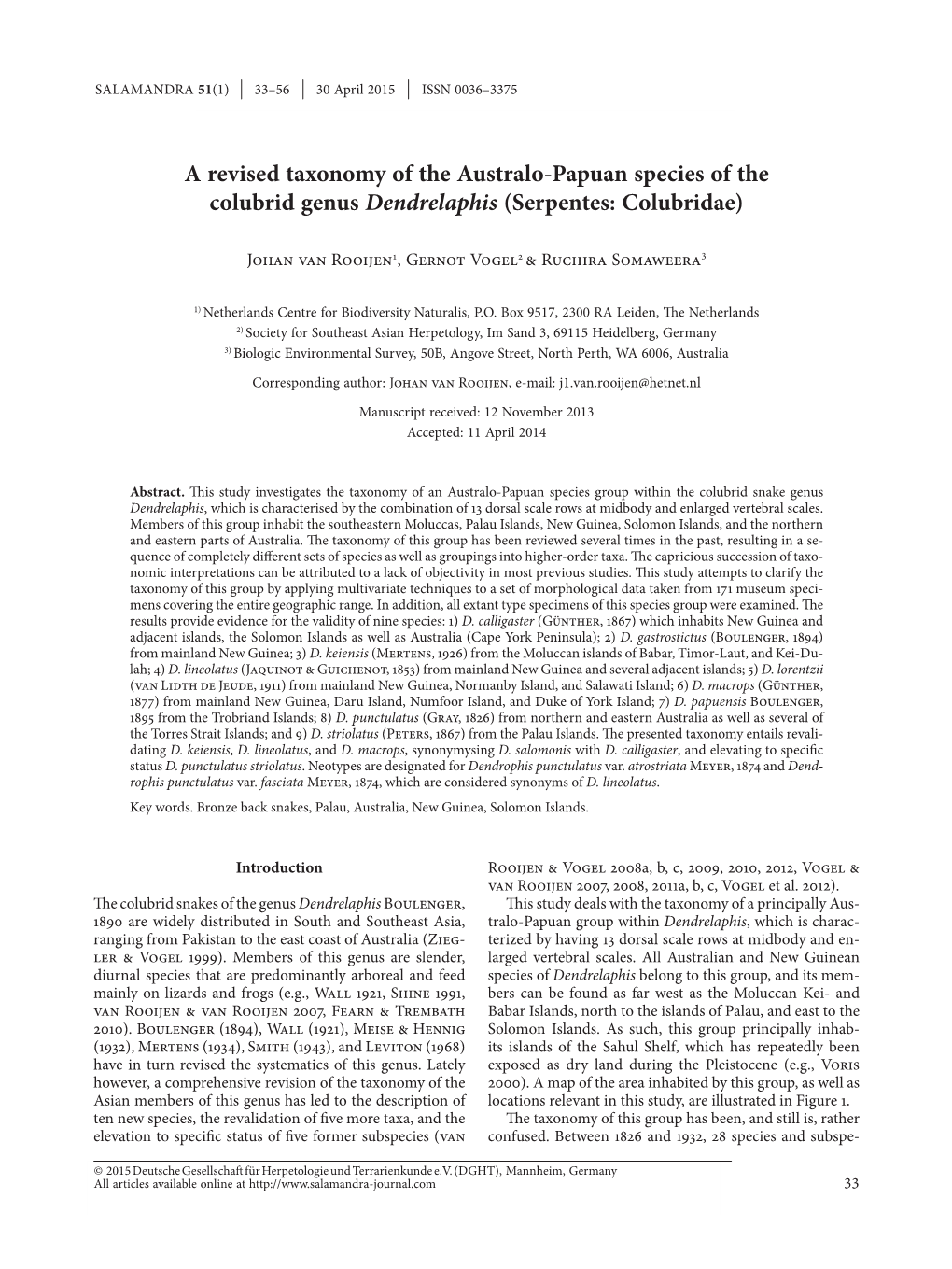 A Revised Taxonomy of the Australo-Papuan Species of the Colubrid Genus Dendrelaphis (Serpentes: Colubridae)