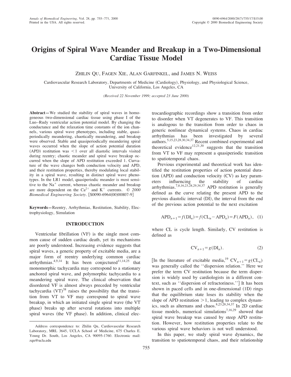 Origins of Spiral Wave Meander and Breakup in a Two-Dimensional Cardiac Tissue Model