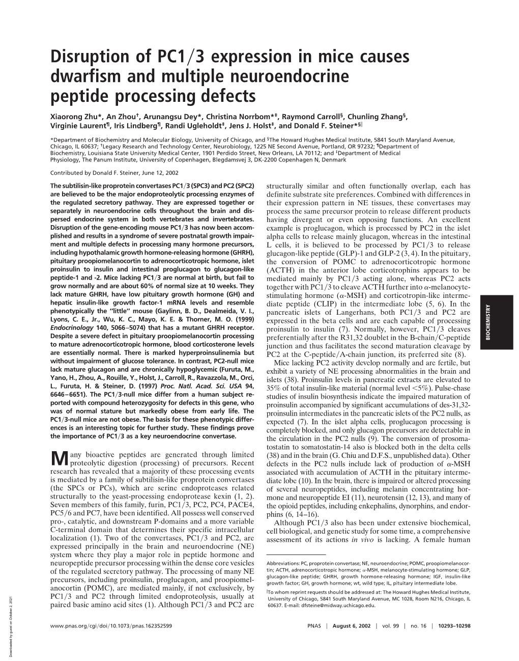 Disruption of PC1 3 Expression in Mice Causes Dwarfism and Multiple Neuroendocrine Peptide Processing Defects