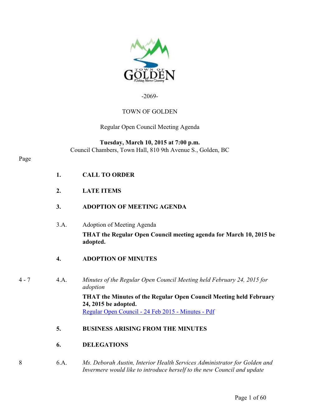 Regular Open Council Meeting Agenda