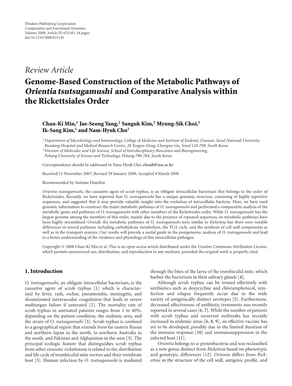 Genome-Based Construction of the Metabolic Pathways of Orientia Tsutsugamushi and Comparative Analysis Within the Rickettsiales Order